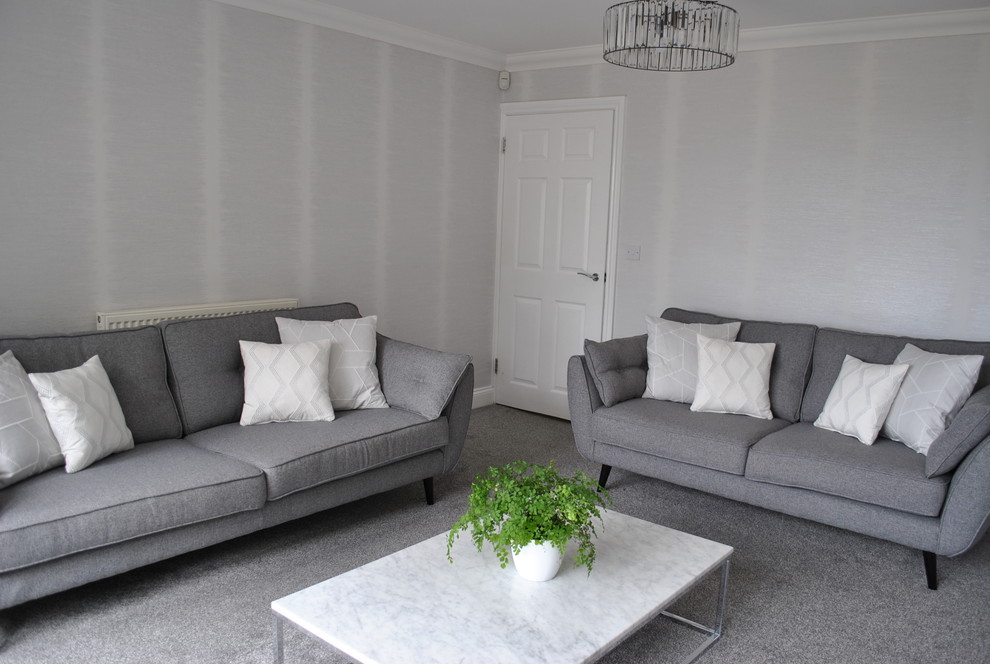 Mid-sized minimalist enclosed carpeted living room photo in Hertfordshire with gray walls, a standard fireplace and a tv stand