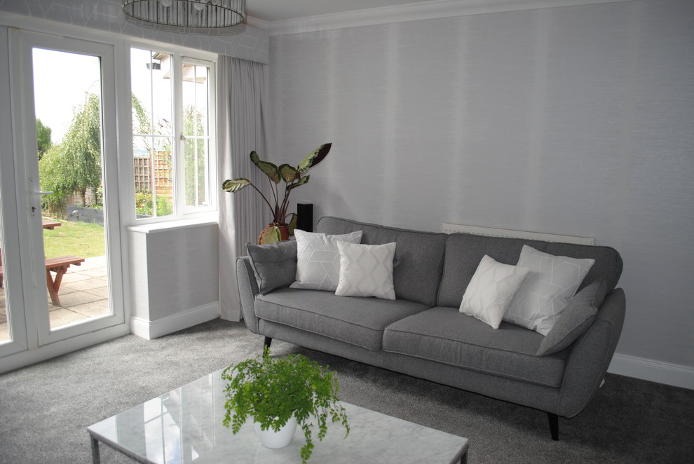 Immagine di un soggiorno moderno di medie dimensioni e chiuso con pareti grigie, moquette, camino classico e TV autoportante
