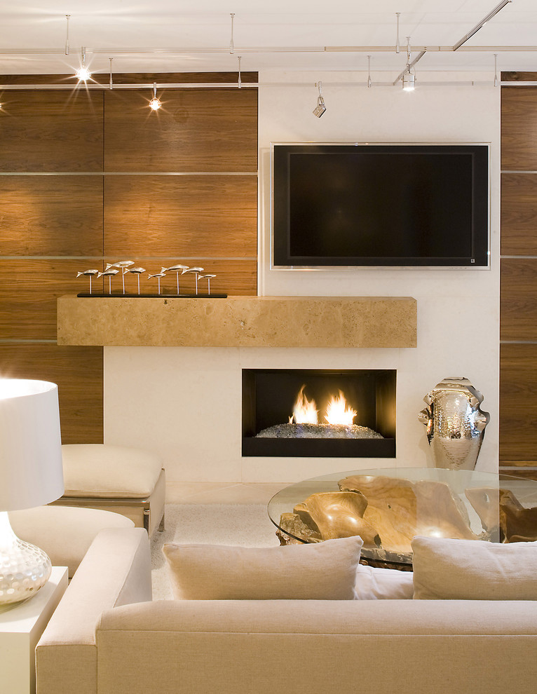 Inspiration for a contemporary living room remodel in Jacksonville with a wall-mounted tv and a stone fireplace