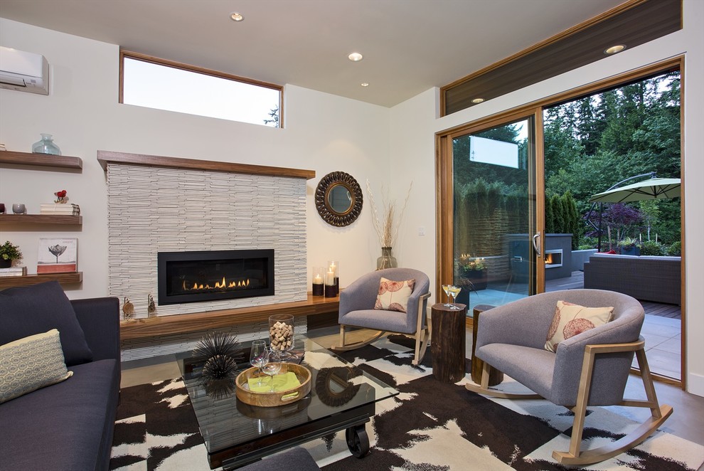 Contemporary formal living room in Seattle with white walls and a ribbon fireplace.