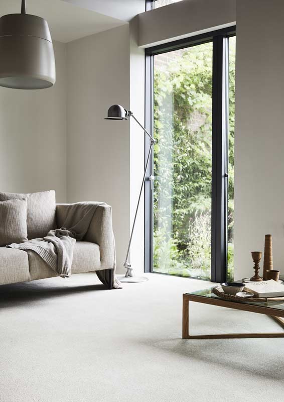 Ispirazione per un grande soggiorno contemporaneo aperto con pareti grigie, moquette e pavimento grigio