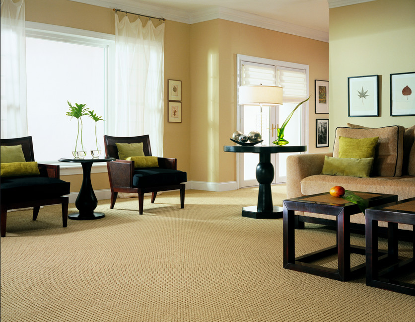 Mid-sized trendy formal and enclosed carpeted living room photo in Kansas City with yellow walls