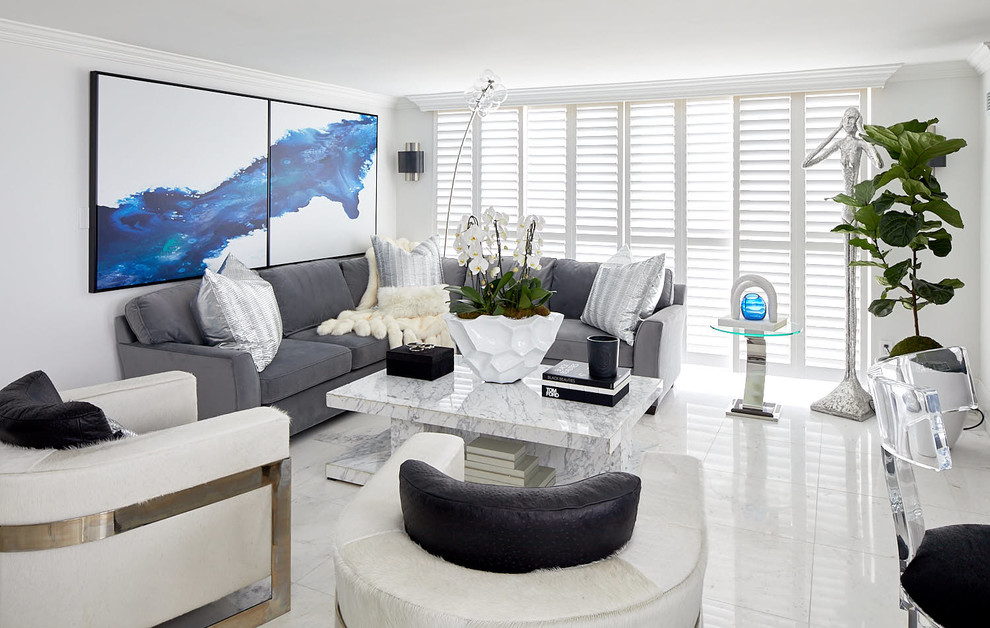 Ispirazione per un soggiorno design chiuso con sala formale, pareti bianche e pavimento bianco