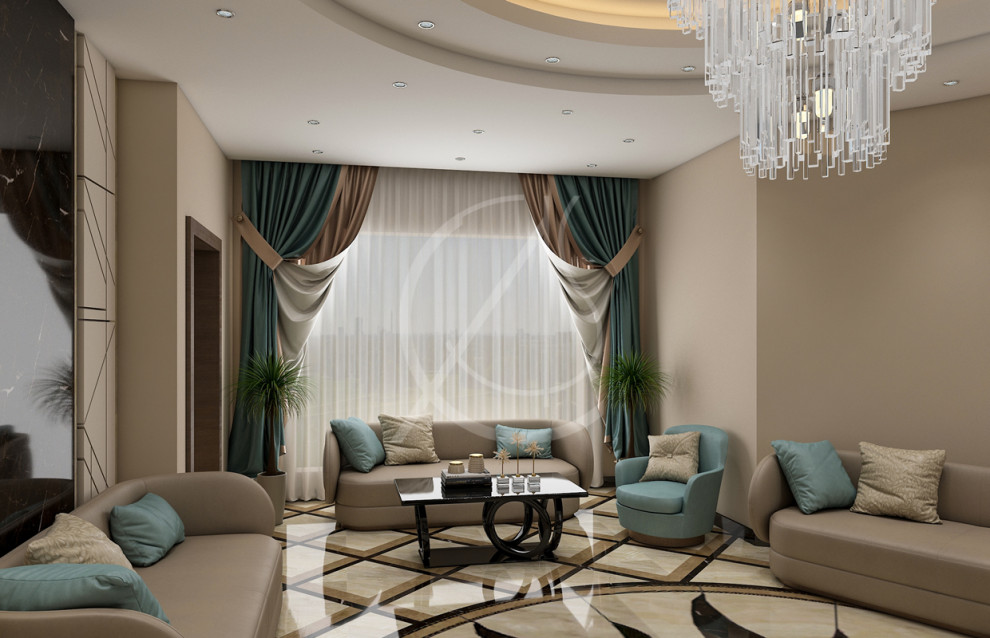Esempio di un grande soggiorno design chiuso con sala formale, pareti beige, pavimento in marmo, nessuna TV e pavimento multicolore