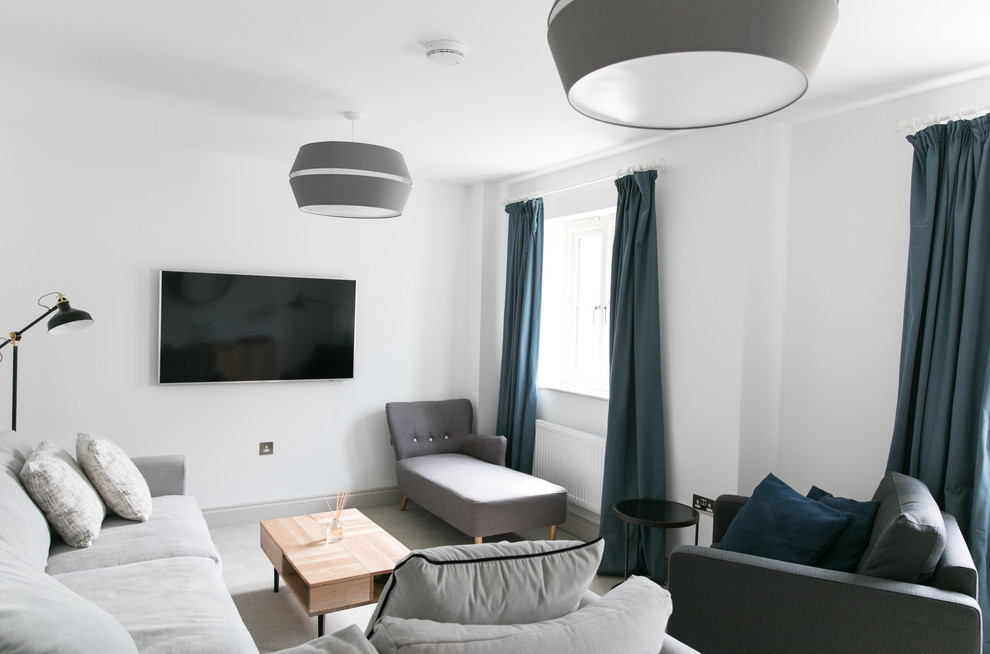 На фото: большая изолированная гостиная комната в современном стиле с с книжными шкафами и полками, белыми стенами, ковровым покрытием, телевизором на стене и серым полом без камина с