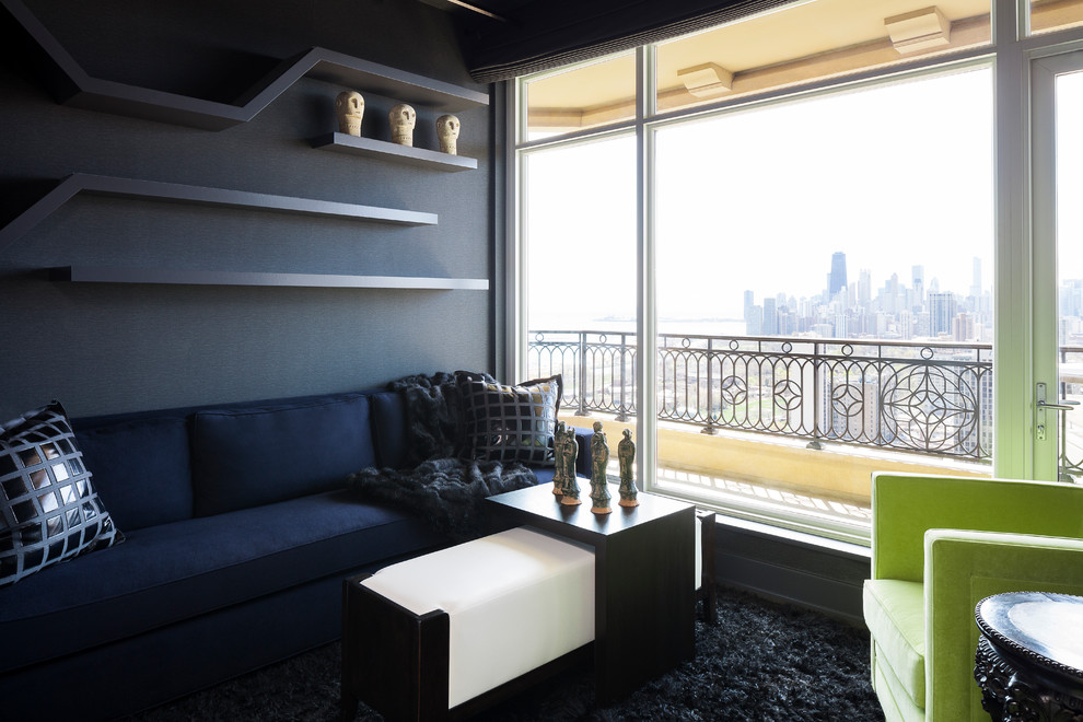 Идея дизайна: парадная гостиная комната среднего размера в стиле модернизм с серыми стенами и ковровым покрытием