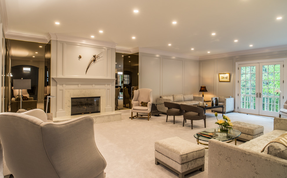 Expansive contemporary enclosed living room in Raleigh with a music area, grey walls, carpet, a standard fireplace, a stone fireplace surround and no tv.