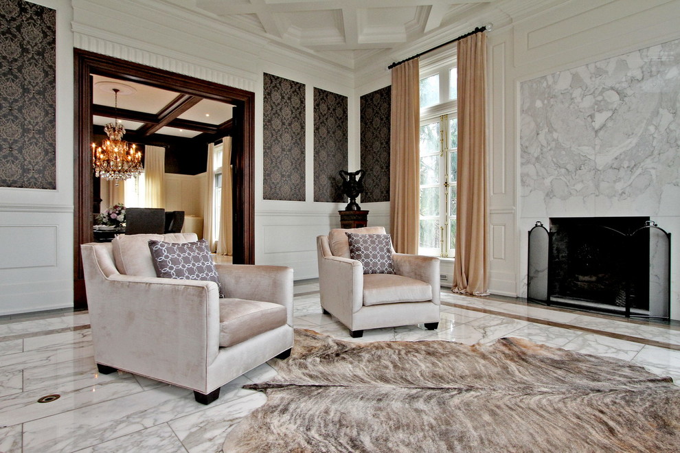 Traditional living room in Toronto with marble flooring and a stone fireplace surround.