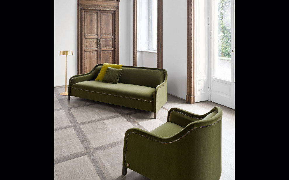 Ispirazione per un grande soggiorno minimal aperto con sala formale, pareti bianche e pavimento in legno massello medio