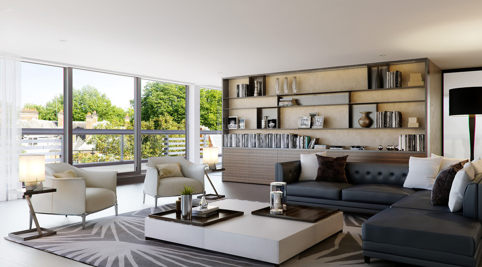 This is an example of a contemporary open plan living room in London with a reading nook.