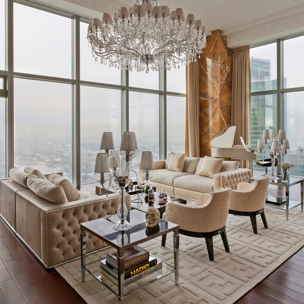 Photo of an expansive contemporary formal open plan living room in New York with beige walls, medium hardwood flooring, no fireplace and no tv.