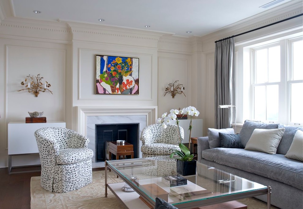 Mid-sized transitional formal and enclosed medium tone wood floor living room photo in Montreal with white walls, a standard fireplace, a wood fireplace surround and no tv
