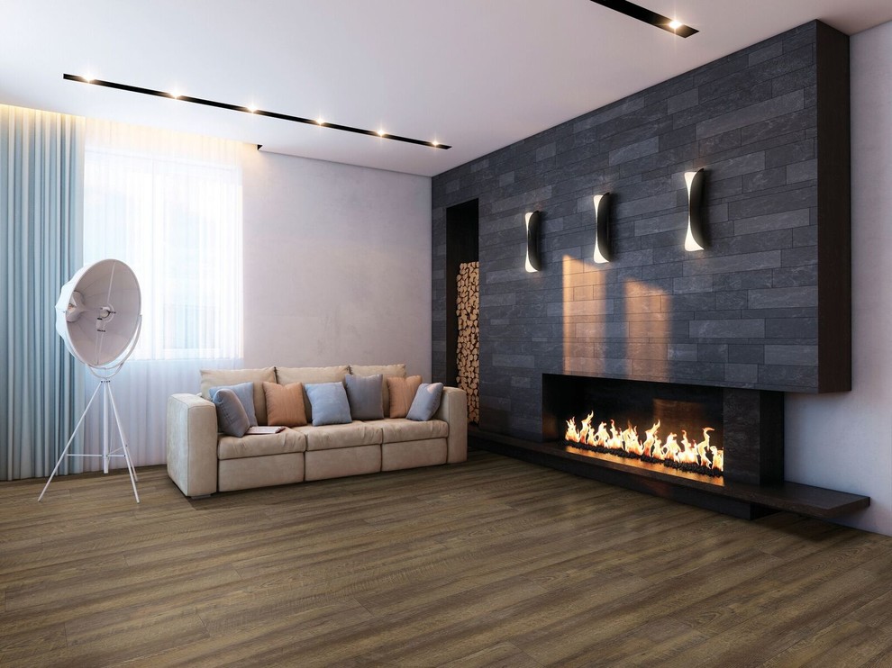 Design ideas for a large contemporary formal open plan living room in Other with grey walls, a ribbon fireplace, vinyl flooring, a tiled fireplace surround and brown floors.