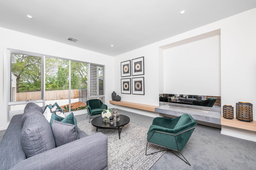 Modernes Wohnzimmer mit weißer Wandfarbe, Teppichboden, Gaskamin und grauem Boden in Canberra - Queanbeyan