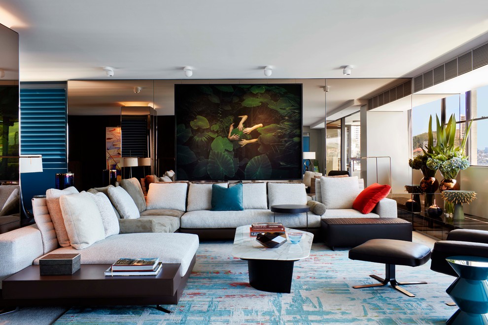 Immagine di un grande soggiorno design aperto con sala formale, pareti multicolore, moquette e pavimento multicolore