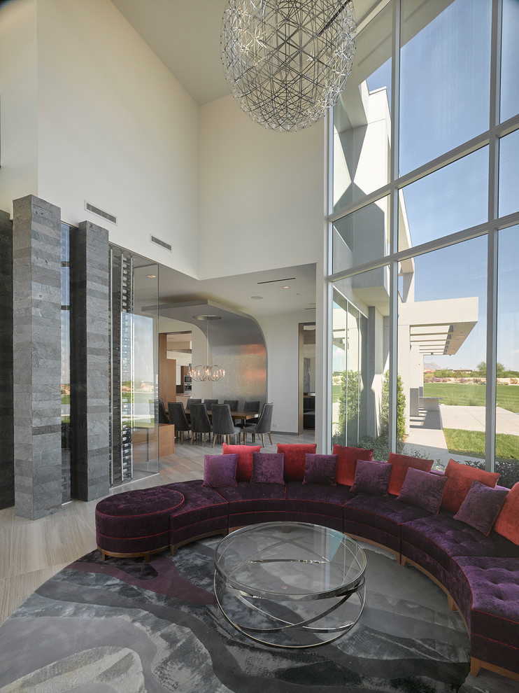 Ispirazione per un ampio soggiorno design aperto con sala formale, pareti bianche e pavimento in gres porcellanato
