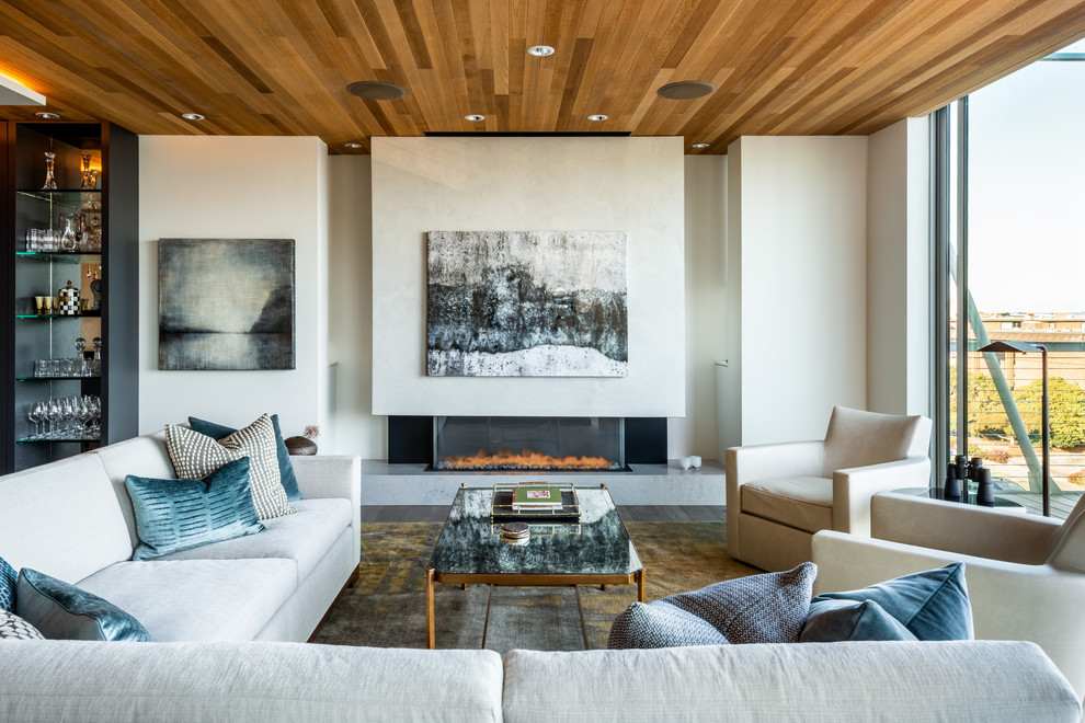 Photo of a contemporary living room in Seattle with white walls, medium hardwood flooring, a ribbon fireplace and brown floors.