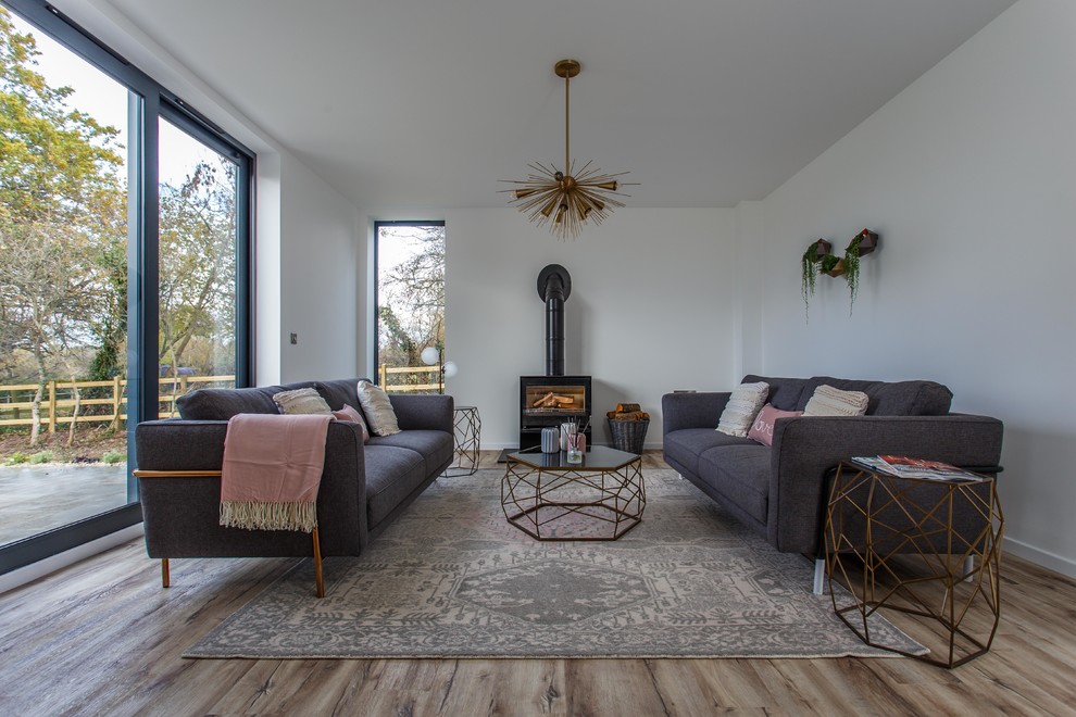 Inspiration for a contemporary living room in Sussex with white walls, medium hardwood flooring, a wood burning stove and brown floors.