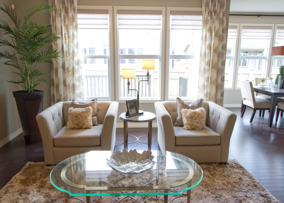 Immagine di un soggiorno moderno di medie dimensioni e aperto con pareti beige e tappeto