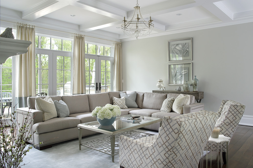 Design ideas for a classic living room in New York with grey walls, dark hardwood flooring and brown floors.