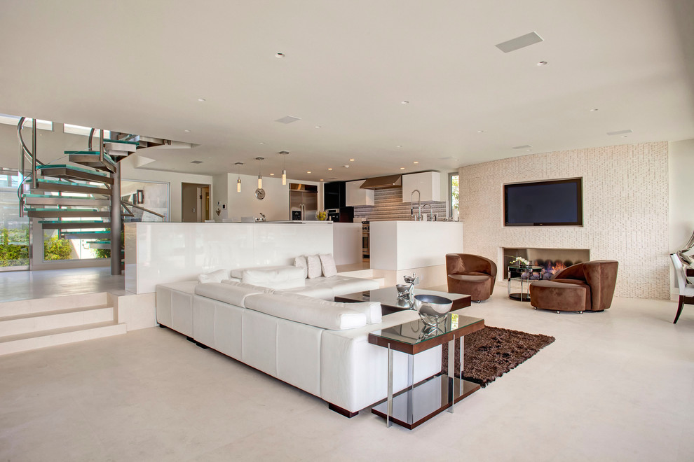 Идея дизайна: гостиная комната в современном стиле с бетонным полом