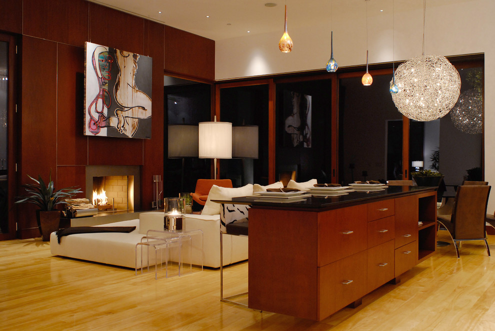Modernes Wohnzimmer mit hellem Holzboden und Kamin in Los Angeles