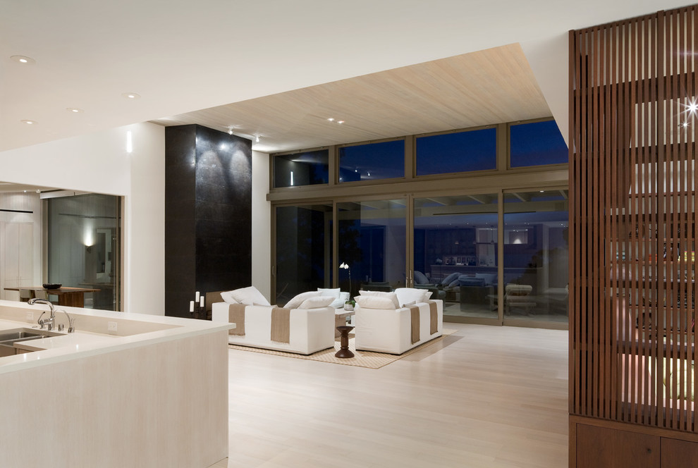 Свежая идея для дизайна: огромная парадная, открытая гостиная комната в современном стиле с белыми стенами - отличное фото интерьера