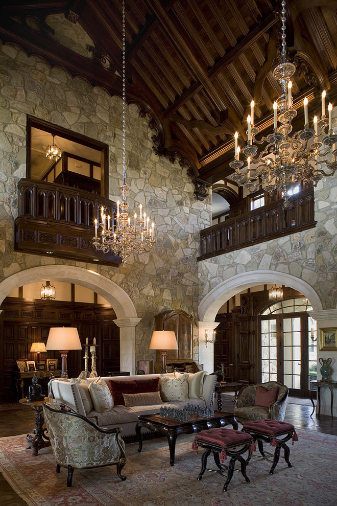 Huge elegant formal dark wood floor living room photo in Austin with no tv