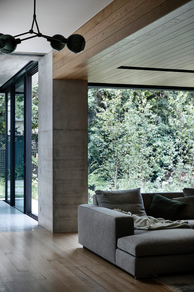 Esempio di un grande soggiorno aperto con pareti grigie, pavimento in cemento e pavimento grigio