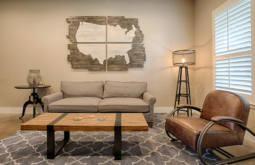 Design ideas for a medium sized rustic enclosed living room in Austin with beige walls and concrete flooring.