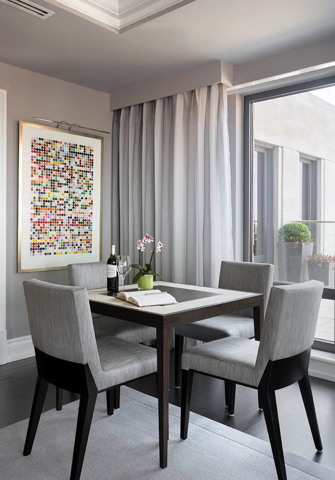Inspiration for a medium sized contemporary dining room in Boston with grey walls and dark hardwood flooring.