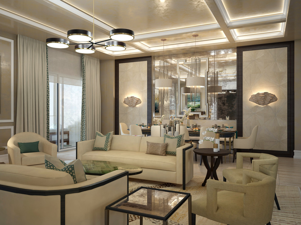 Großes, Repräsentatives, Offenes Modernes Wohnzimmer mit beiger Wandfarbe und beigem Boden in Miami