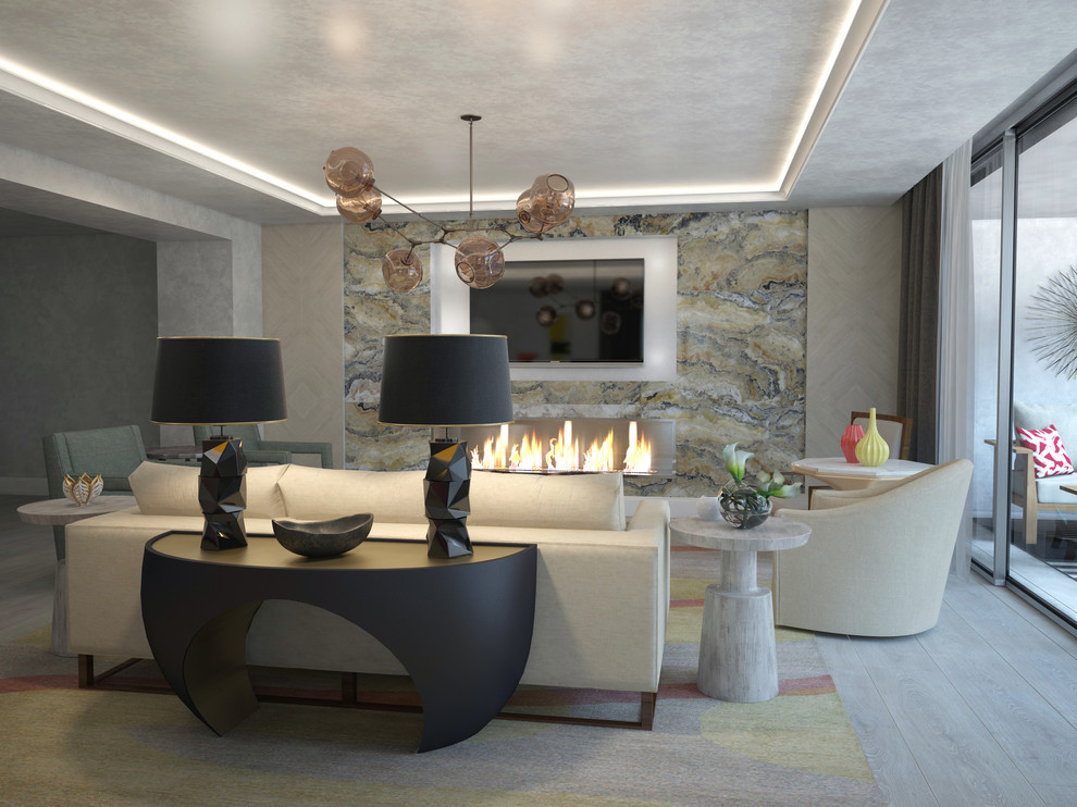 Large contemporary formal open plan living room in Miami with multi-coloured walls, a wall mounted tv, a ribbon fireplace and a stone fireplace surround.