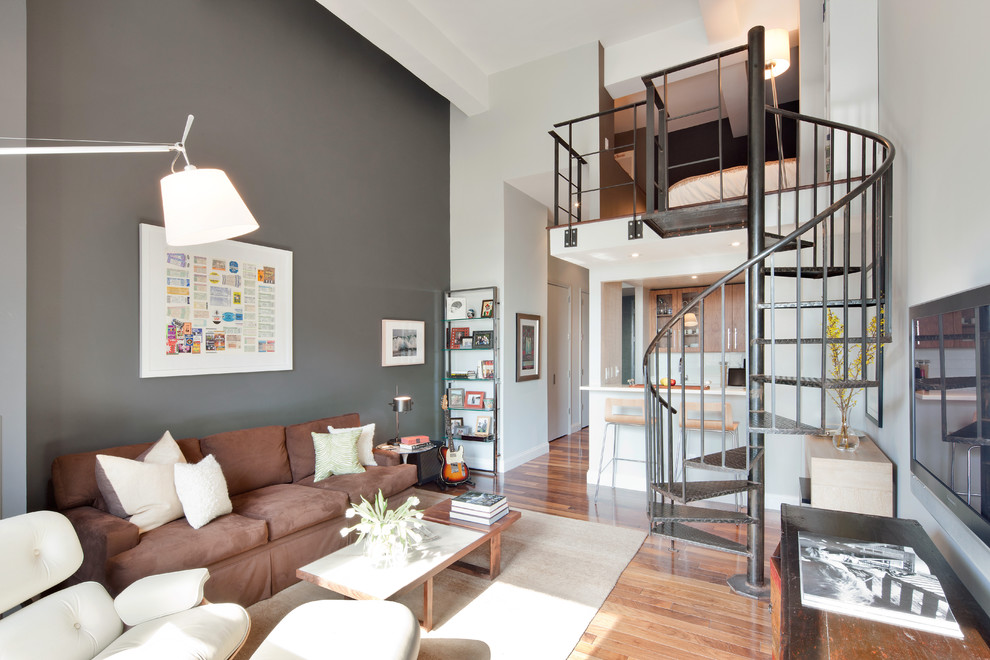 Living room - contemporary living room idea in New York with white walls
