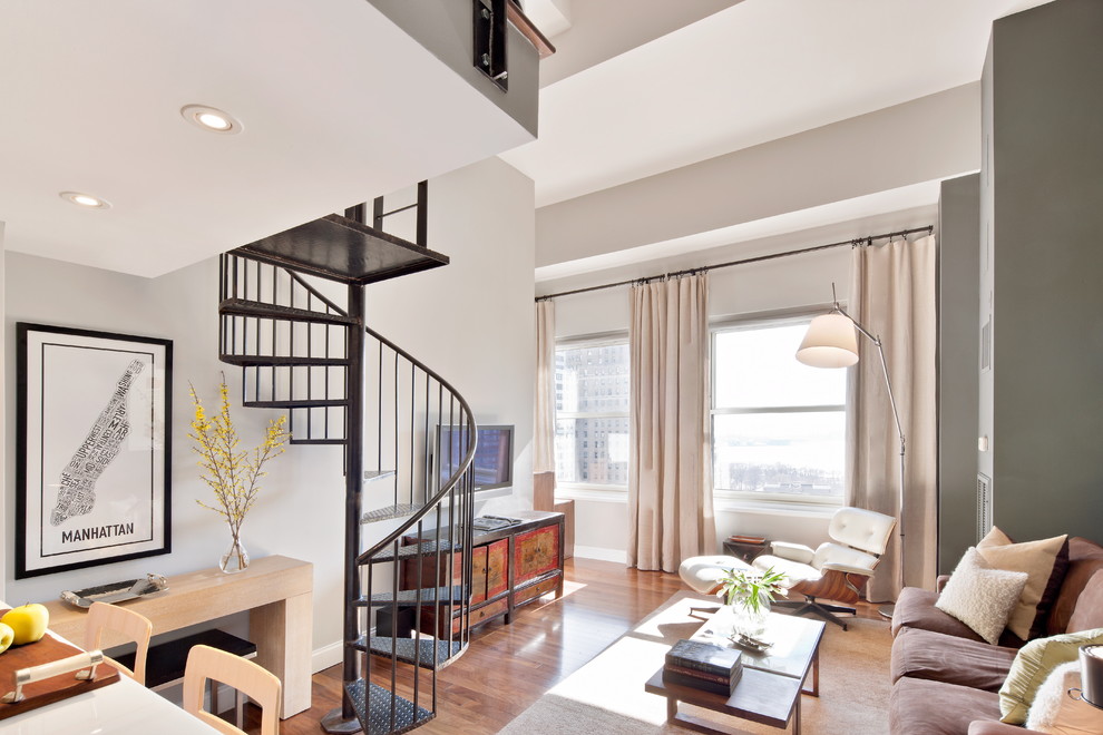 Photo of a contemporary living room curtain in New York with white walls.