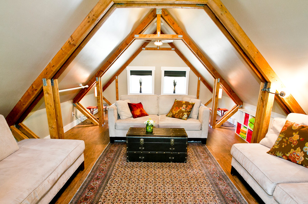 This is an example of a small rustic living room in Other with grey walls, no fireplace, no tv and medium hardwood flooring.