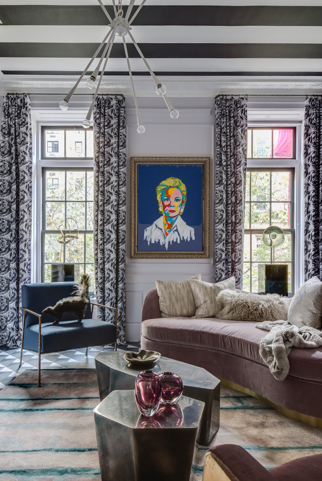 Inspiration for an eclectic living room remodel in New York with white walls