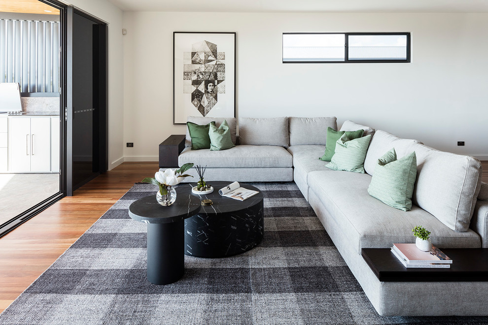 Ispirazione per un grande soggiorno contemporaneo aperto con pareti bianche, pavimento in legno massello medio e pavimento marrone