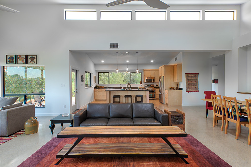 Design ideas for a world-inspired living room in Austin with concrete flooring.
