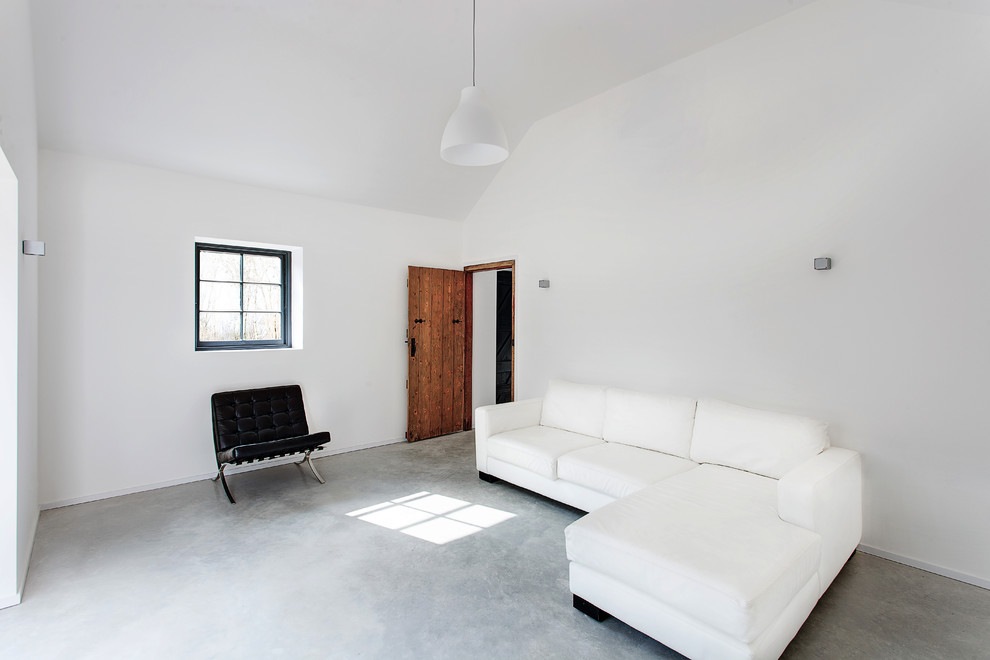 Exemple d'un salon moderne avec sol en béton ciré et un mur blanc.