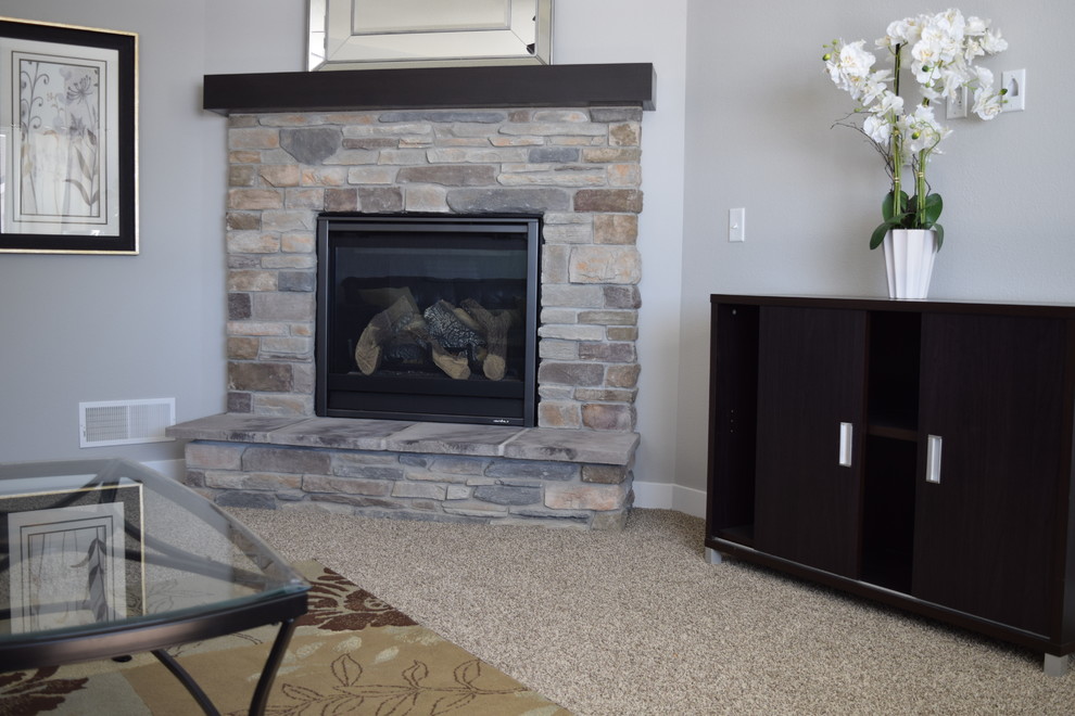 Traditional living room in Other with grey walls, carpet, a corner fireplace and a stone fireplace surround.