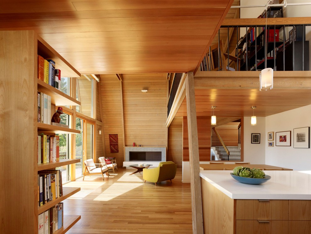 Пример оригинального дизайна: открытая гостиная комната в стиле модернизм