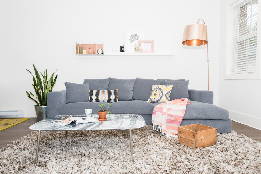 Inspiration for a medium sized scandinavian open plan living room in Vancouver with white walls, vinyl flooring, no fireplace and brown floors.
