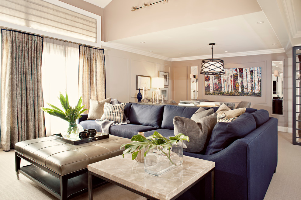 Example of a trendy carpeted living room design in Toronto with gray walls