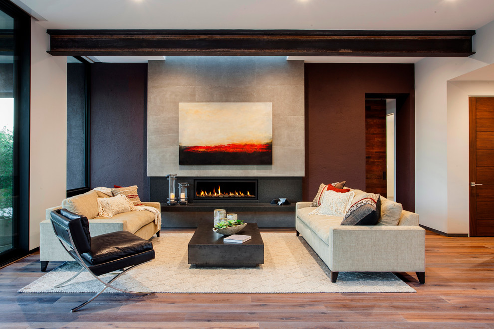 Example of a mid-sized trendy open concept and formal light wood floor living room design in Santa Barbara with a ribbon fireplace, a stone fireplace and no tv