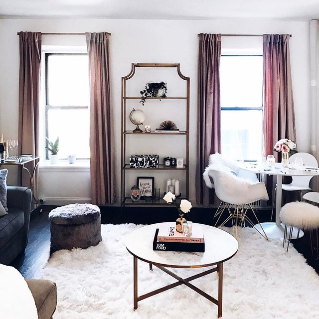 Marble and Faux Fur Glam Accents Transitional Living Room New