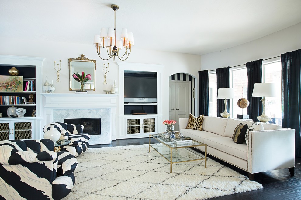 This is an example of a medium sized classic formal enclosed living room in Houston with white walls, dark hardwood flooring, a standard fireplace, a tiled fireplace surround and a built-in media unit.