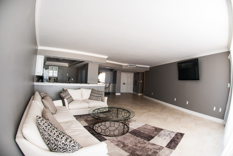 Esempio di un soggiorno moderno di medie dimensioni e aperto con sala formale, pareti grigie e pavimento con piastrelle in ceramica