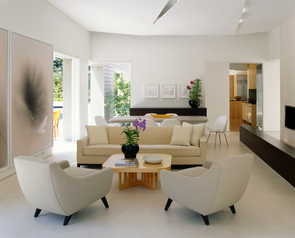 Идея дизайна: гостиная комната в современном стиле с белыми стенами
