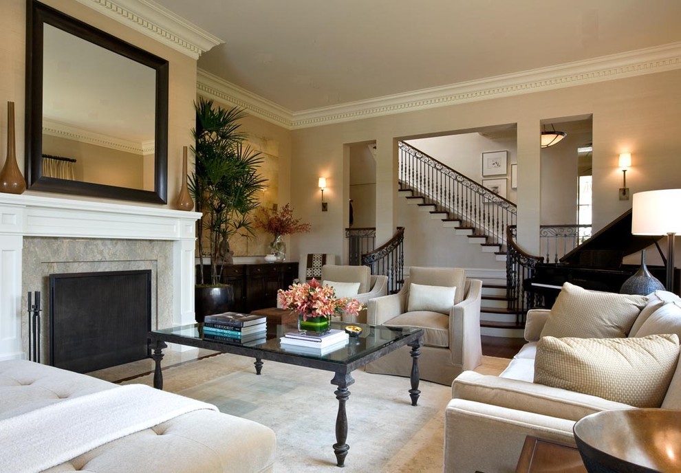 Trendy living room photo in San Francisco with beige walls and a standard fireplace